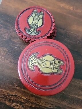 Vintage Leather Coasters w Case Columbia Embossed Hand Painted Set of 12 Aztec